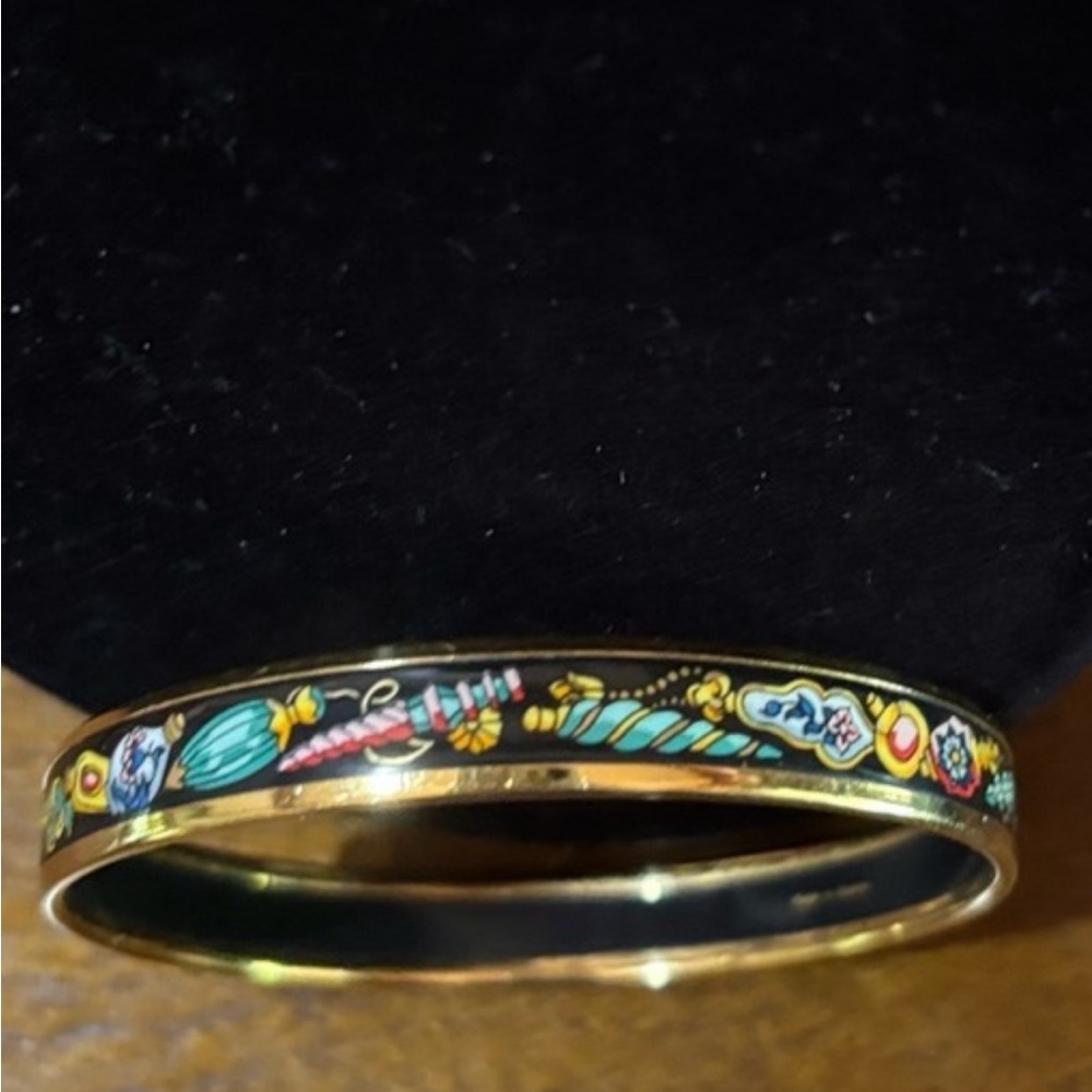 HERMES multi colored enamel bangle Bracelet with 18kt gold plated trim